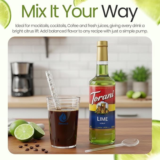 Jimoco Barista Set – Torani Lime Syrup 25.4 oz, Jimoco Pump, Reusable Cup, Straw & Stirrer – Coffee, Italian Soda & Cocktail Flavoring Kit