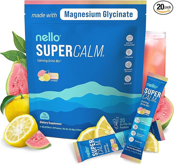 Nello Supercalm Powdered Drink Mix, Cortisol Reducer* and Sleep Aid Supplement, L Theanine, Ksm-66 Ashwagandha, Magnesium Glycinate, Vitamin D 3, No Sugar, Non GMO, On The Go, 20 Ct, Yuzu Guava