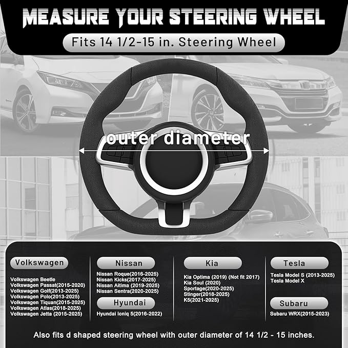 SEG Direct Flat Bottom Steering Wheel Cover Carbon Fiber, D Shaped Car Wheel Cover 14 1/2-15 in. (37-39 cm), Black Microfiber Leather with Carbon Fiber Pattern