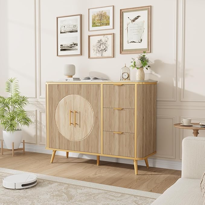 47.3" Modern Buffet Cabinet with Storage, Kitchen Sideboard Buffet with 2 Door & 3 Drawers, Fluted Caffee Bar Storage Cabinet for Dining Room, Living Room, Entryway, Natural Oak