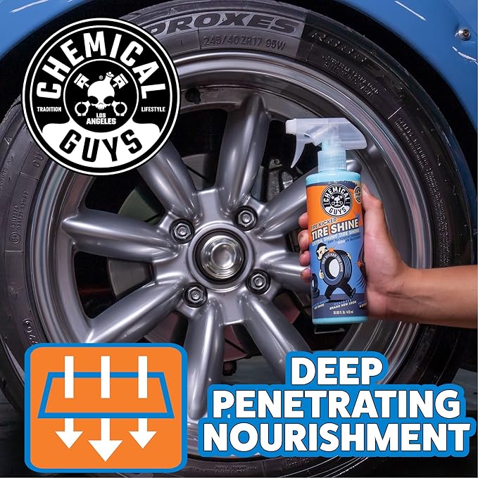 Chemical Guys Tire Kicker Sprayable Extra Glossy Tire Shine Spray, Dry-to-Touch Dressing - Restores Wet Look to Rubber, Vinyl, and Plastic, Safe for Cars, Trucks, Motorcycles, RVs, and More - 128 oz