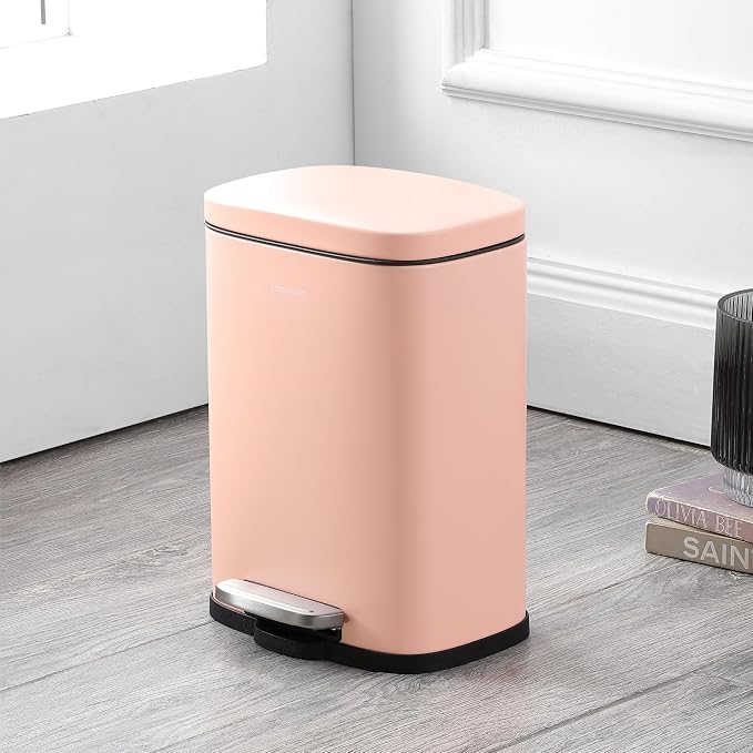 happimess HPM1006G Connor Rectangular 13-Gallon Trash Can with Soft-Close Lid and Free Mini Trash Can, Fingerprint Resistant, Modern, Minimalistic for Home, Kitchen, Office, Bathroom, Flamingo Pink
