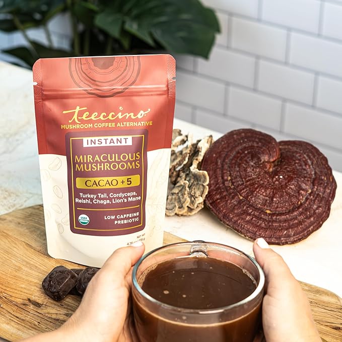 Miraculous Mushrooms Instant Cacao+5 Coffee Alternative by Teeccino – 15 servings - 5 Organic Adaptogenic Mushrooms with Cacao - Reishi, Lion’s Mane, Chaga, Turkey Tail, Cordyceps - Caffeine Free, Prebiotic - 4.7 ounces