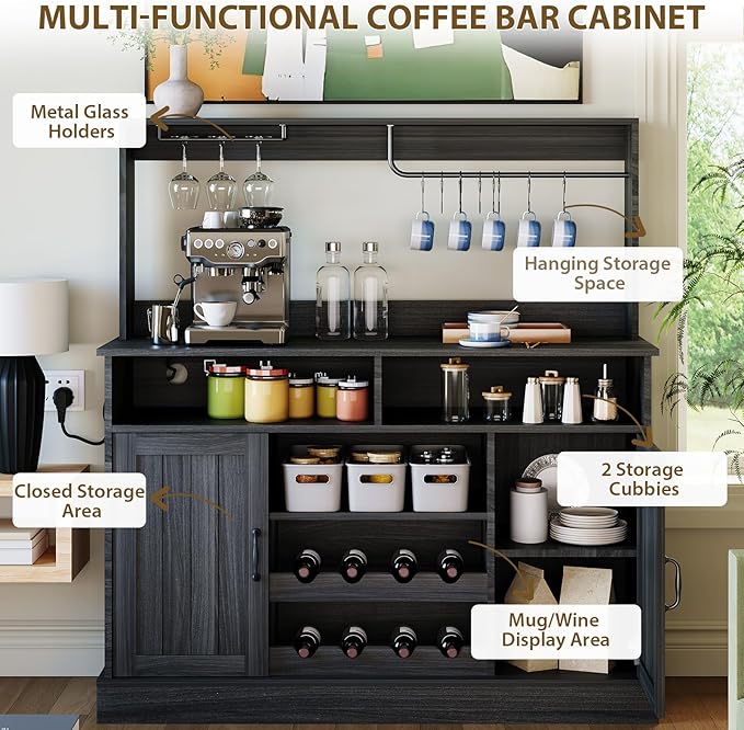 47 in Farmhouse Coffee Bar Cabinet with Charging Station & Wine Racks, Rustic Wood Kitchen Buffet Cabinet, Wine Bar Table for Dining Room Living Room, Grey