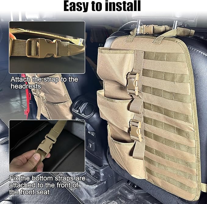 SUNPIE 2 Pcs Seat Back Truck Gun Rack，Automotive Gun Racks with Molle Panel Universal Seatback Storage Pockets Tactical Car Seat Back Organizer for Hunting Accessories Storage,Khaki