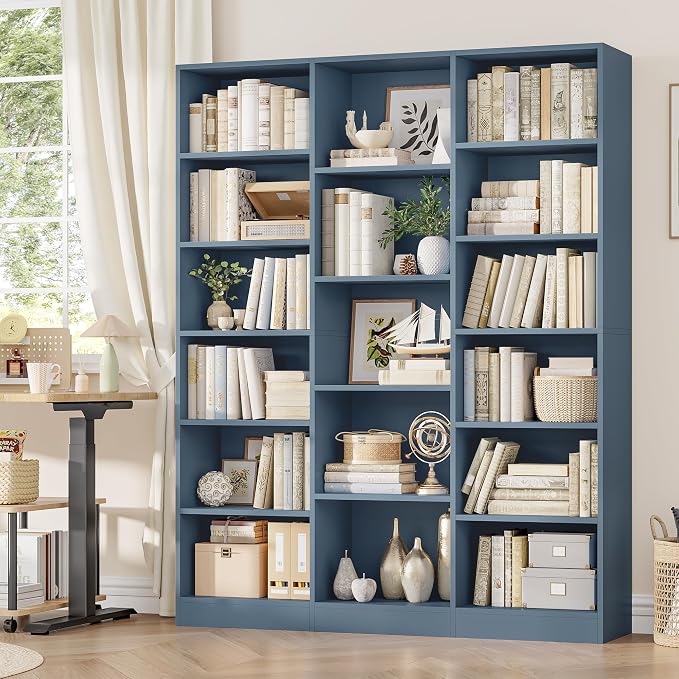 FACBOTALL Triple Wide Bookshelf, 6 Tier Large Bookshelf, Bookcase with 17 Open Display Shelves, 74'' Tall Bookcases and Bookshelves for Living Room, Home Office, Library, Blue