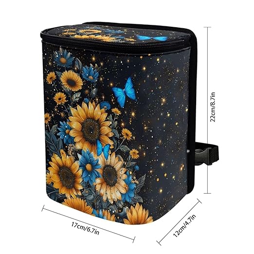 Blue Butterfly Sunflower Print Car Trash Can - Foldable, Automotive Garbage Bin with Leak Proof Hanging Bag