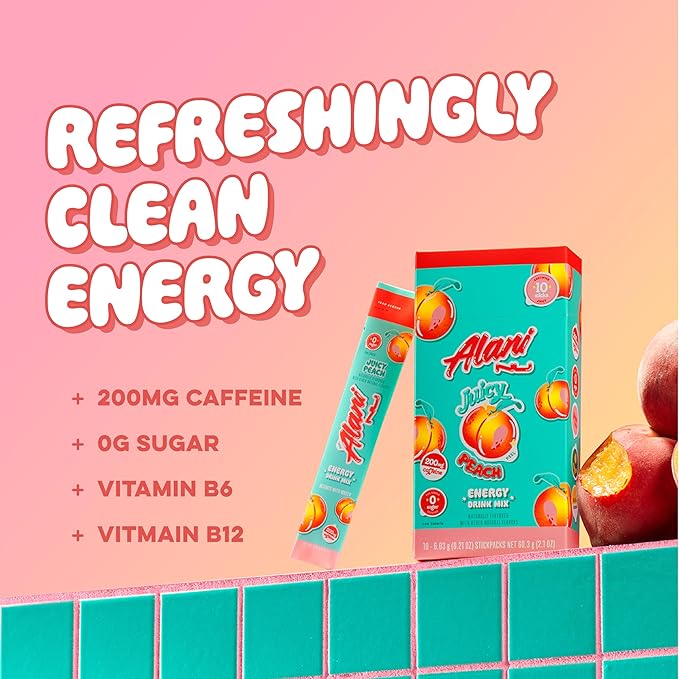 Alani Nu JUICY PEACH Energy Sticks | Energy Drink Powder | 200mg Caffeine | Pre Workout Performance with Antioxidants | On-The-Go Drink Mix | Biotin, B Vitamins | Zero Sugar | 10 Calories | 10 Pack