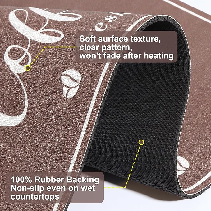 Absorbent Coffee Mat, Fashion Dish Drying Mat for Kitchen Counter Coffee Bar Accessories Espresso Machine Dish Rack 17" x 32" Brown