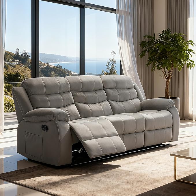 Reclining Sofa Set 3 Seater Couch Recliner, Velvet Wall Hugger Recliner Sofas for Living Room, RV, Home Theater Seating(Grey, 3 Seater Sofa)
