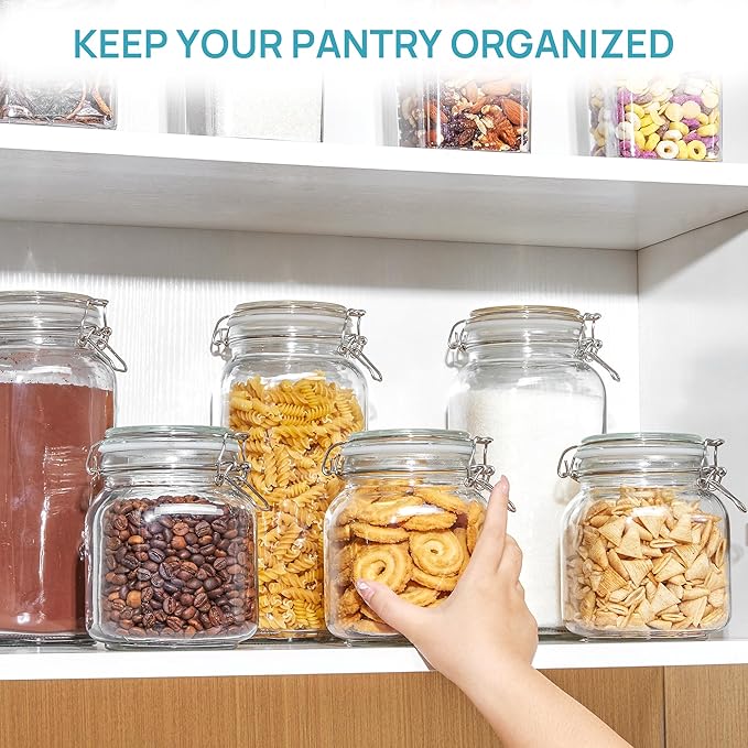 Vtopmart 78oz Glass Food Storage Jars with Airtight Clamp Lids, 3 Pack Large Kitchen Canisters for Flour, Sugar, Cereal, Coffee, Pasta and Canning, Square Mason Jars with 8 Reusable Labels