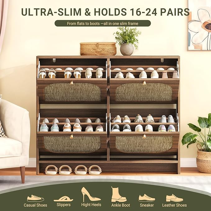 Nicetree Freestanding Ultra Slim Fluted Accent Shoe Storage Cabinet for Entryway - 4 Flip Drawers & 3-Tier Adjustable Shelves, Farmhouse Modern Rustic Shoe Rack for Hallway, Foyer, Living Room
