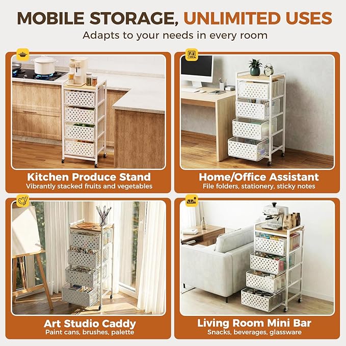 5 Tier Kitchen Storage Cart with Wheels, Utility Fruit Vegetable Storage Rack Stand with Pull-Out Baskets & Wood Top, Metal 4-Drawers Rolling Snack Cart, Kitchen Cart for Potato Onion(White)