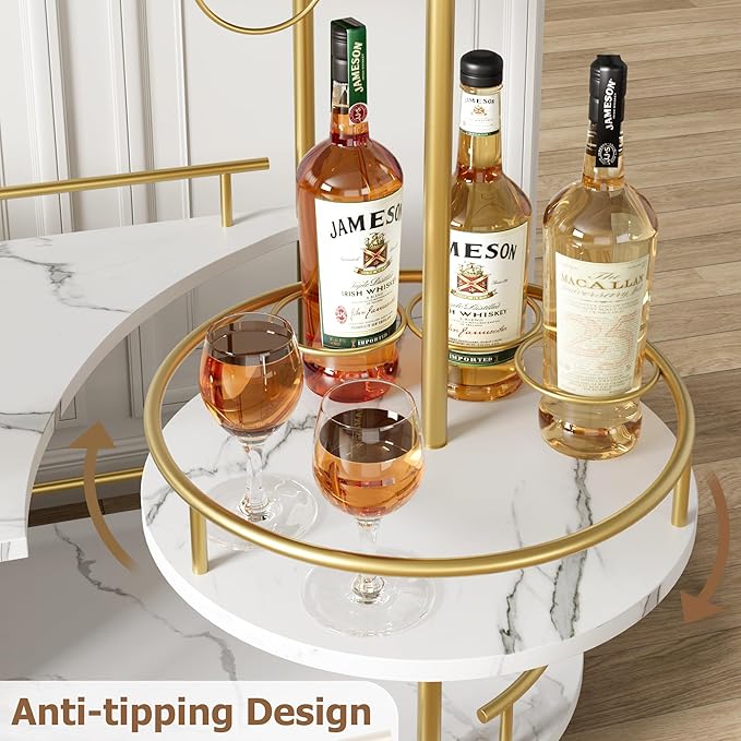 GarveeHome Gold Bar Carts with 4-Tiers Storage Shelves，Mobile Bar Seving Carts On Wheels with Wine Rack and Glass Holder for Kitchen, Dining Room, Living Room-Gold+White