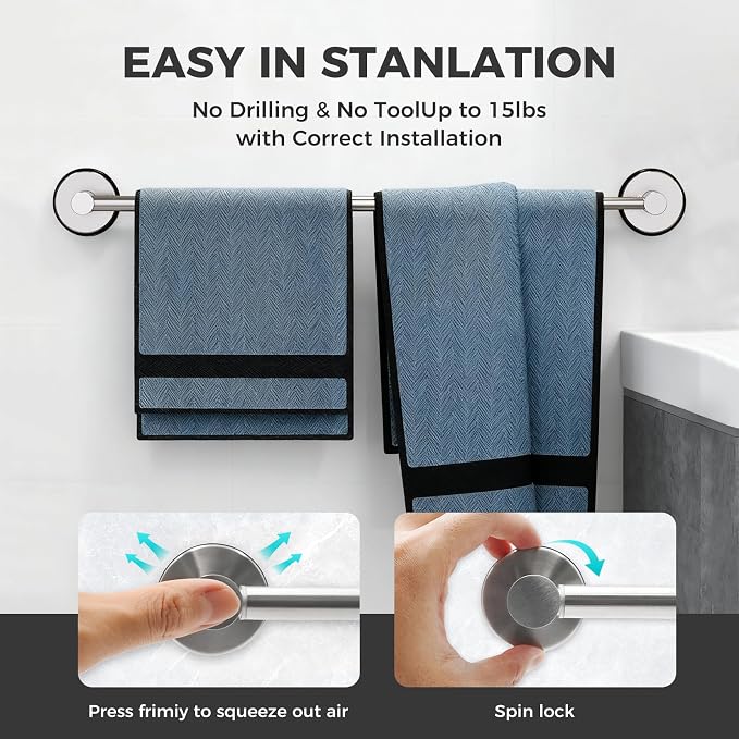 Adjustable Suction Cup Towel Bar for Bathroom Wall,17 Inch~29 Inch Towel Racks for Bathroom,Stainless Steel Bath Towel Holder for Shower,2 Pack(Brushed Silver)