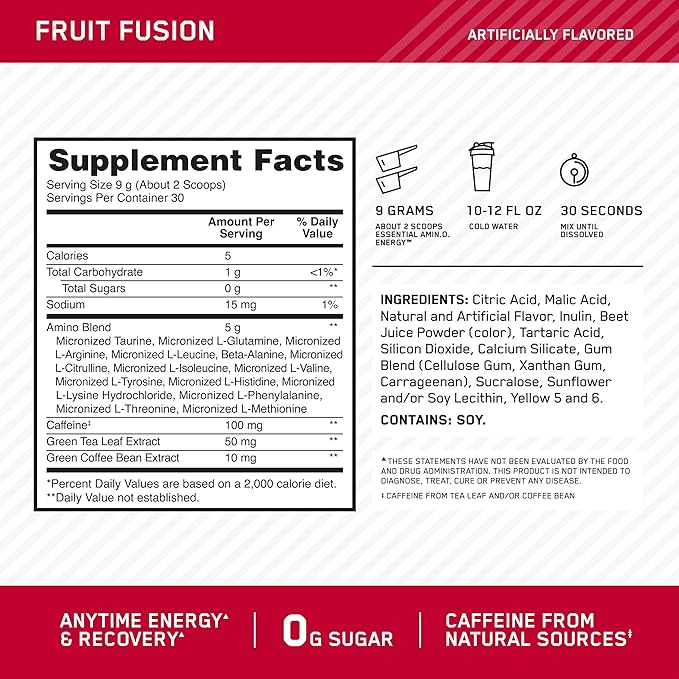 Optimum Nutrition Amino Energy - Pre Workout with Green Tea, BCAA, Amino Acids, Keto Friendly, Green Coffee Extract, Energy Powder - Fruit Fusion, 9.5 Ounce, 30 Servings (Packaging May Vary)