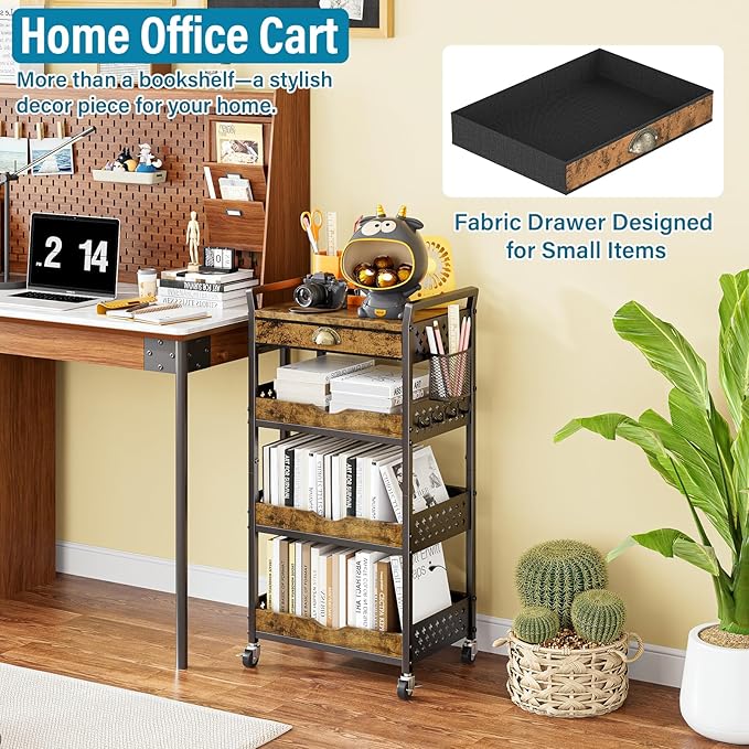 Rolling Cart Organizer with Removable Drawer, 4-Tier Art and Craft Storage Cart, Nail Makeup Organizer, Metal Utility Cart with Wheels for Kitchen Bathroom Essentials, Coffee Supplies, Snack