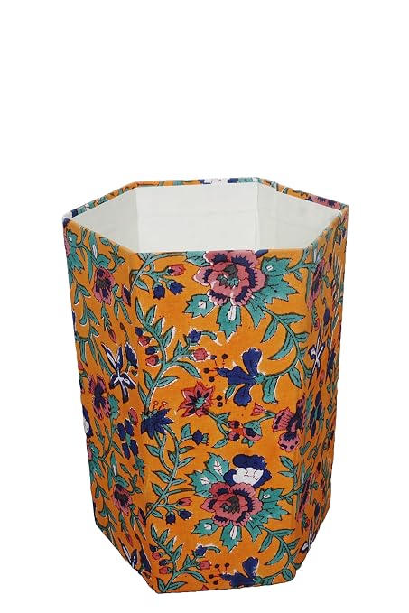 Generic 3.3 Gallon Cotton Hand Block Printed Paper Waste Basket |Small Decorative Trash Can for Housewarming Gifts in Living Room, Bedroom, Bathroom | Eco-Friendly, Plastic-Free (1, ORE.GREEN)