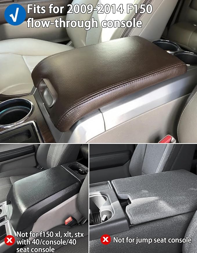 Center Console Cover Nappa Leather Armrest Cover Compatible with 2009-2014 Ford F150 Flow-Through Console Middle Console Cover with Two Side Pockets Center Console Cushion