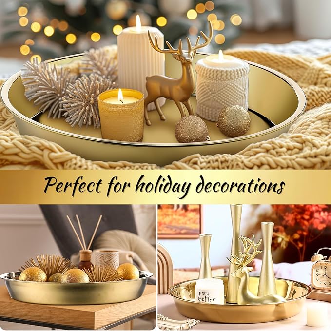 Thenshop 3 Pcs 15 Inch Gold Round Serving Tray Stainless Steel Circle Decorative Vanity Gold Plate Metal Jewelry Makeup Organizer Dishes for Gift Wedding Coffee Table Bathroom Dessert Christmas