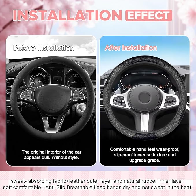 Gray Steering Wheel Cover,Slip-Proof Breathable Comfort PU Imitation Leather Cute Car Accessories for Women Girl, Universal Protector in All Season 15 inch Fit Most Car