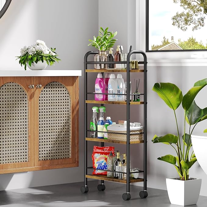 Slim Storage Cart, 4-Tier Small Rolling Cart with Wheels, 5.9" Deep, Narrow Bathroom Shelf Trolley for Kitchen, Bathroom, Laundry Room, Rustic Brown Standard 4-Tier (5.9" W x 33.6" H)