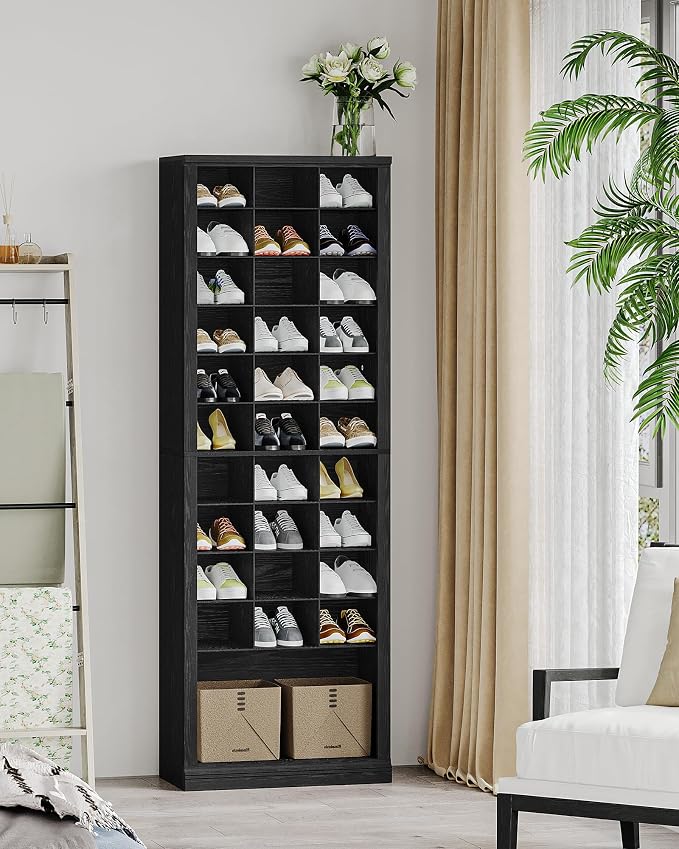 Hzuaneri 11 Tiers Shoe Storage Cabinet, Tall Shoes Cabinet with Cubby, Freestanding Wooden Shoe Organizer, 30-33 Pairs, Shoes Cubby Organizer for Entryway, Bedroom, Black SR02004X