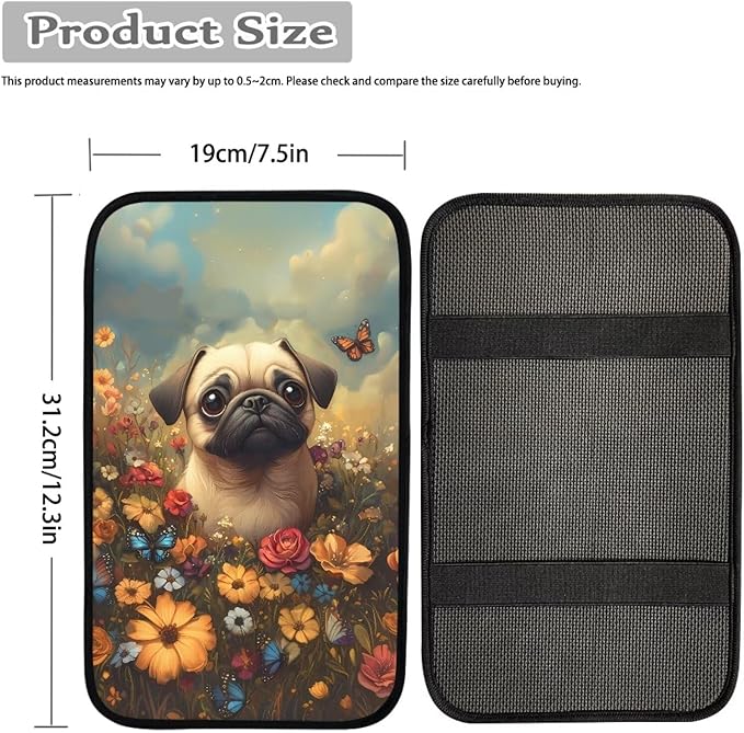 Suobstales Pug Dog Print Car Armrest Pad Soft Center Console Arm Rest Protector Cover Butterfly Daisy Flower Design Universal Car Interior Accessories Decoration