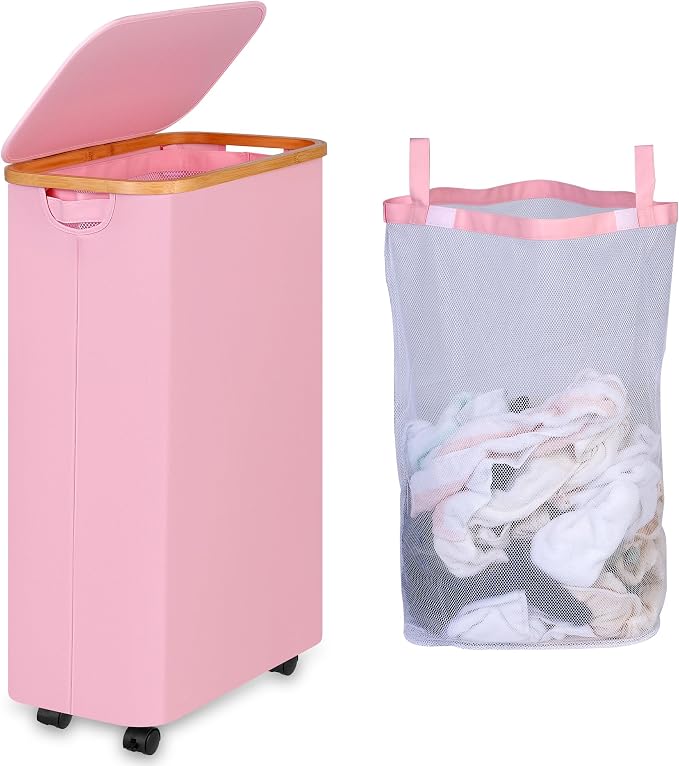 iEGrow 75L Laundry Hamper with Wheels,Clothes Hamper for Laundry,Laundry Basket with Lid and Inner Bag, for Laundry Room, Bedroom, Dormitory Storage,Pink