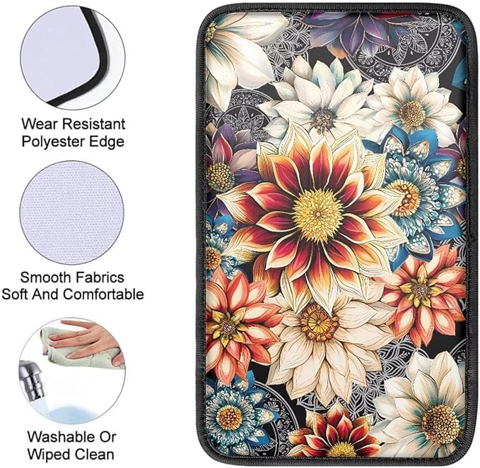 Boho Floral Armrest Cover for Car,Soft Car Center Console Covers,Universal Cars Interior Accessories Decor