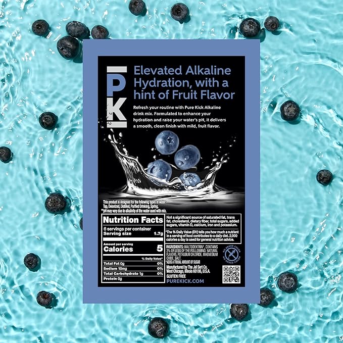 Pure Kick Alkaline pH 8.5 or Higher Berry Powdered Drink Mix Packets, Unsweetened with a Hint of Flavor -, 72 Total Packets (12 Boxes, 6 Each), Singles to Go!