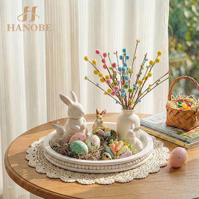 Hanobe Decorative Coffee Table Tray: White Beaded Round Serving Tray Modern Farmhouse Wooden Circle Centerpiece Tray Decor for Home Living Dining Room Kitchen Counter Bathroom