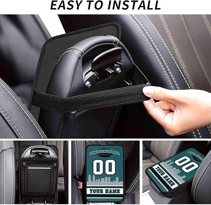Custom Football Car Armrest Covers Personalized Football Style with Name Number Customized Auto Center Console Pad Car Handrail Box Cushion for Most Vehicle Decor Accessories, Green