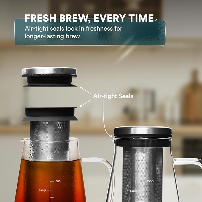 OVALWARE Stainless Steel Filter with Airtight Cold Brew Iced Coffee Maker 1.0L/34oz
