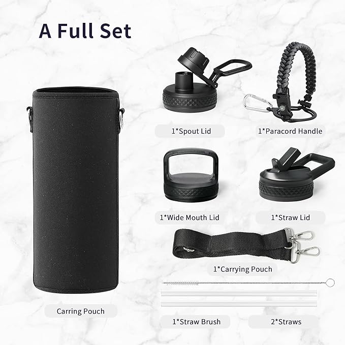 Trebo 40oz Water Bottle with 3 Lid and handle, Vacuum Insulated Stainless Steel Metal Outdoor Leakproof BPA-Free Flask, Keep Cold 48 Hours Water Jug, Best Gift for Men Women Holiday, Dark Gray