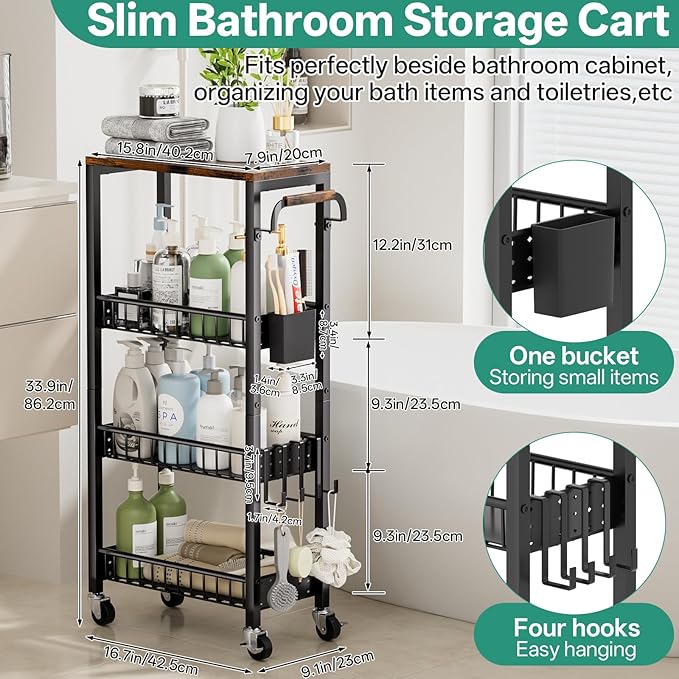 Slim Rolling Storage Cart, 4 Tier Small Organizer Cart with Wheels, Metal Utility Shelf Kitchen Bathroom Laundry Room Organization Trolley with Handle for Narrow Space (Carbon Black, 9.1" W)