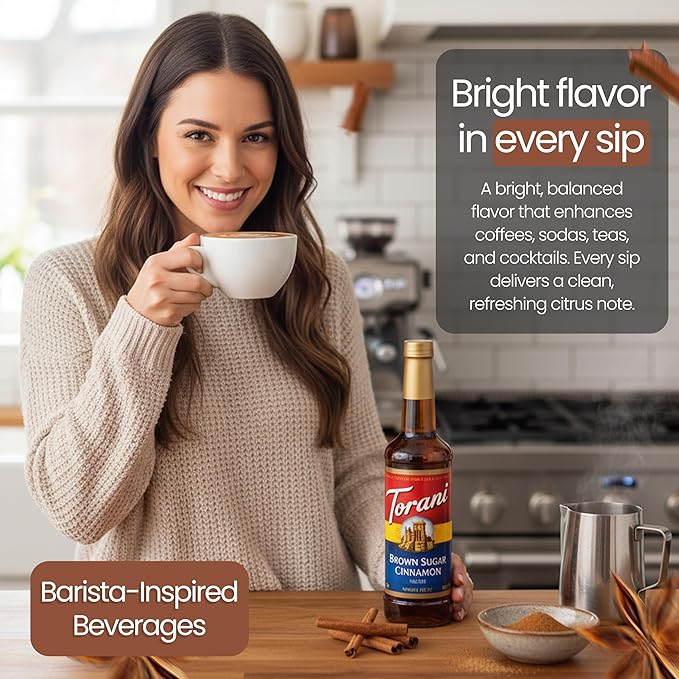 Jimoco Barista Set – Torani Brown Sugar Cinnamon Syrup 25.4 oz, Jimoco Pump, Reusable Cup, Straw & Stirrer – Coffee, Italian Soda & Cocktail Flavoring Kit