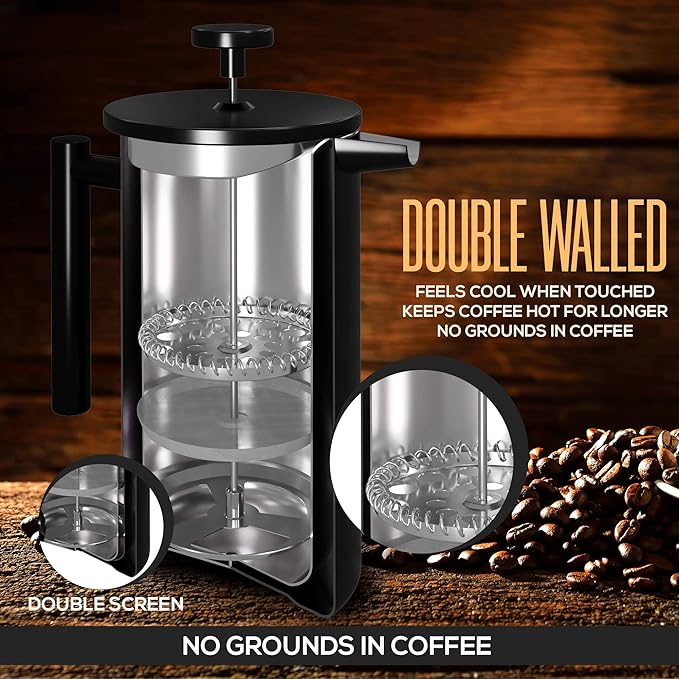 Utopia Kitchen 304 Grade Stainless Steel French Press Coffee Maker 21 Oz, Double Wall Insulated Coffee Press with 4-Level Filtration system, Include 2 Extra Filters, Rust-Free, Black