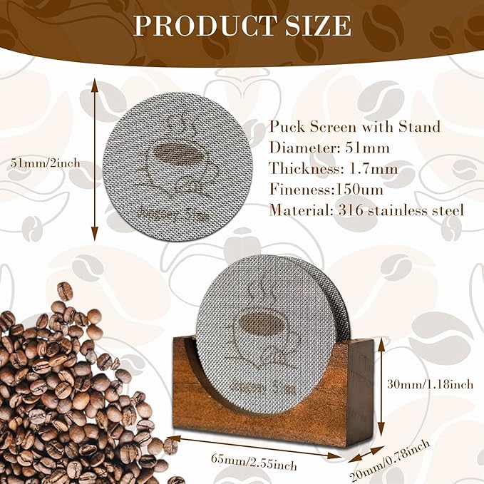 2 Packs 51mm Espresso Puck Screen with Stand, 1.7mm Thickness 150μm 316 Stainless Steel Reusable Coffee Filters Compatible with Espresso Machine 51mm Portafilter Basket