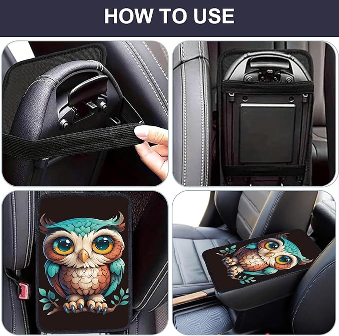 CREATCABIN Owl Auto Center Console Cover Car Armrest Cushion Auto Armrest Storage Box Pad Soft Anti-Slip Lines Waterproof Car Accessories Interior with Elastic Band for Vehicle SUV Truck 12.6×7.5in