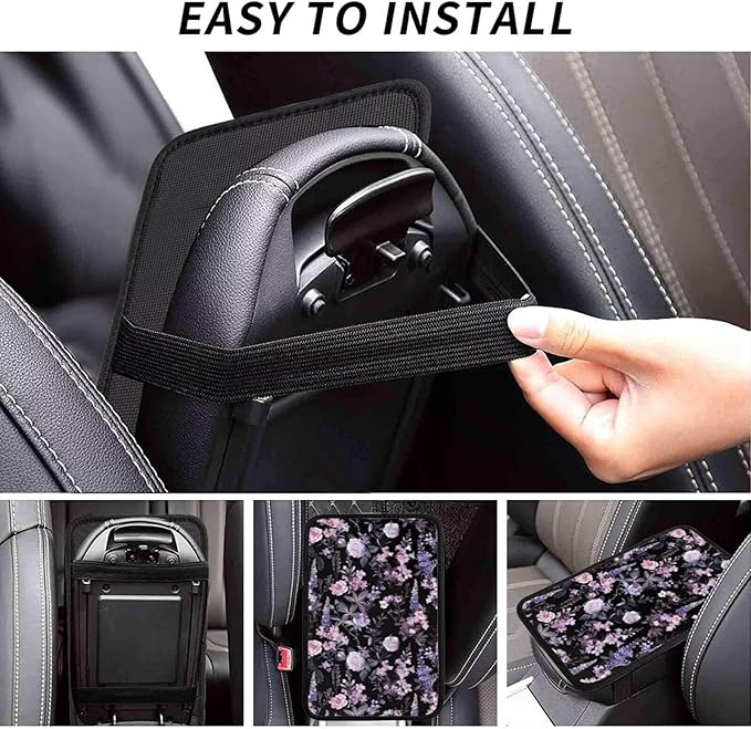 Cute Floral Car Center Console Cover Polyester Fabric Middle Console Cushion Pad Armrest Seat Box Lid Protective Covers Purple Wildflower Cars Decor Accessories