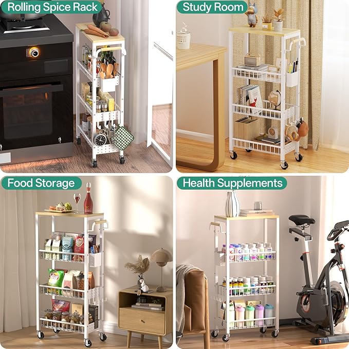 Laundry Room Organization Cart, 4 Tier Slim Rolling Cart for Small Narrow Spaces, Storage Shelf Cabinet with Wheels for Bathroom, Utility Room, Kitchen, Near Washer Dryer (9.1" W Overall)