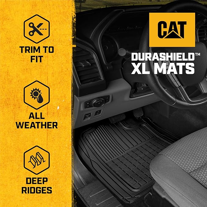 CAT® DuraShield XL Floor Mats for Trucks - All Weather Rubber Truck Floor Mats with Anti-Slip Backing, Universal Trim-to-Fit Car Floor Mats for Large Full-Size Vehicles, Black Floor Mats for Cars