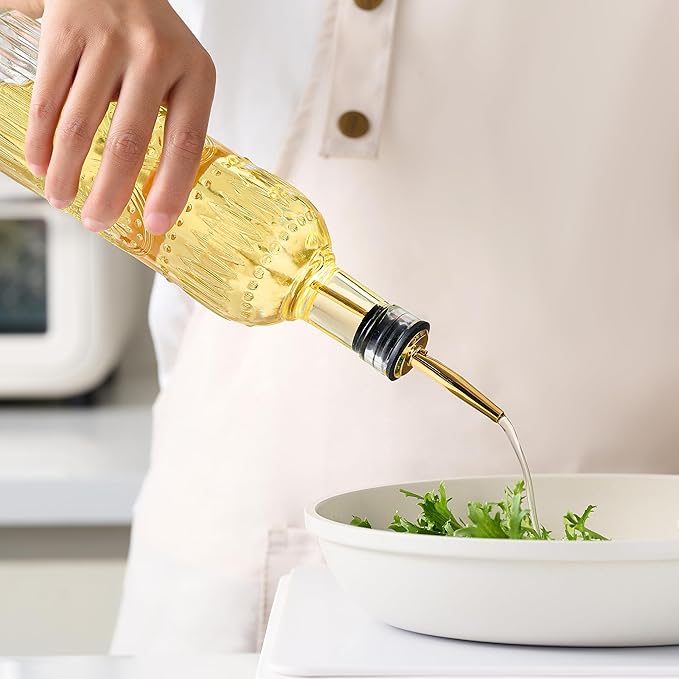 4 Pcs Olive Oil Dispenser Bottle for Kitchen,17oz Clear Glass Oil and Vinegar Dispenser Bottle Set, Classic Coffee Syrup Dispenser with 4 Stainless Steel Spouts and 1 Funnel (Round)