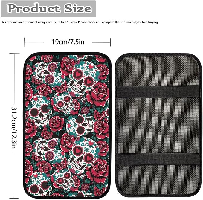 Rose Sugar Skull Car Center Console Cover Breathable Soft Car Armrest Cover Cushion Non Slip Middle Console Protector Mat Sugar Skull Auto Interior Accessories Decor