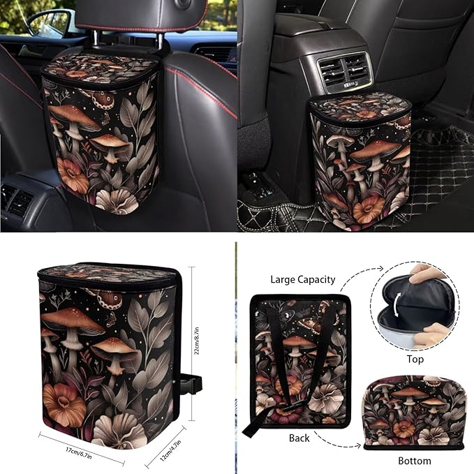 10 PCS Car Interior Accessories Sets for Women, Mushroom Flower Printed Comfortable Breathable Car Front and Back Seat Protector with Steering Wheel Cover Trash Can Coaster, Universal Fits