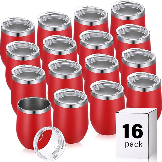 16 Pack Stainless Steel Wine Tumblers 12 oz Insulated Vacuum Wine Cup Set Double Wall Stainless Steel Stemless Mug Glasses for Coffee Soda Whiskey Outdoor Travel (Red)