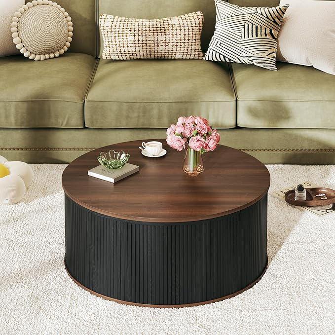 Round Coffee Table with Storage, 31.5" Lift Top Coffee Table, Mid Century Modern Coffee Tables for Living Room, Apartment Office, Fluted Table with Rustic Wood Desktop