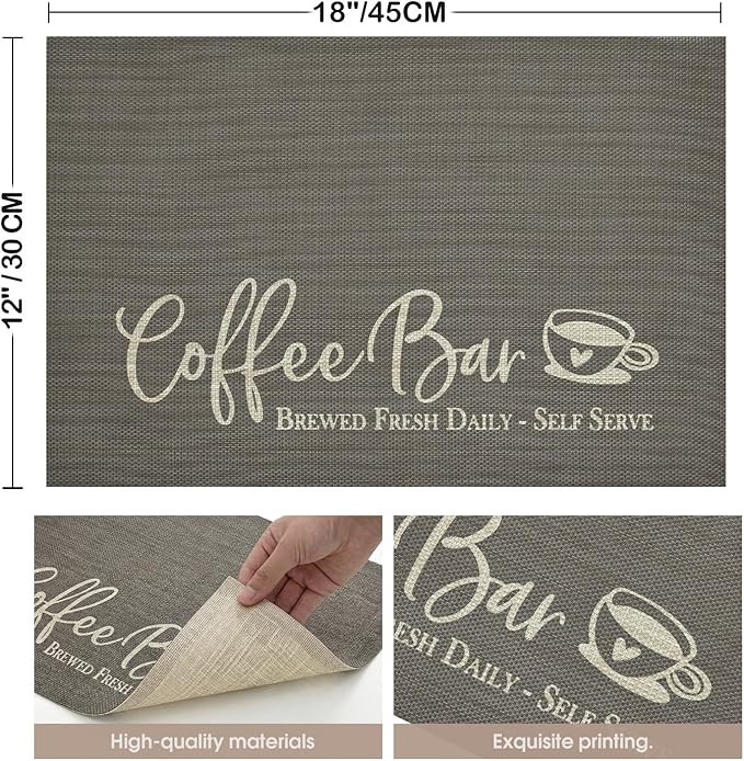 Artoid Mode Coffee Bar Mat Set of 2, Plastic Vinyl Washable Woven Non-Slip Table Mats for Coffee Machine Decor,Dark Gray