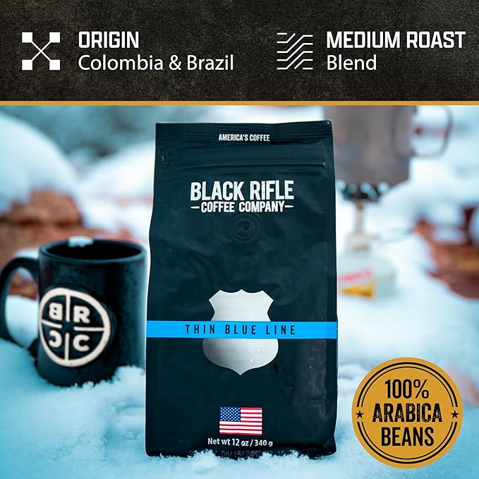 Black Rifle Coffee Company Thin Blue Line, 12oz Bag, Whole Bean Medium Roast - Roasted Blend Made from Arabica Beans - Colombian & Brazilian Beans - Veteran Founded & American Made